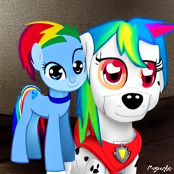 Size: 512x512 | Tagged: safe, artist:thegamerpainter, imported from derpibooru, rainbow dash, dalmatian, dog, pegasus, pony, collar, dog tags, duo, looking at you, machine learning generated, marshall (paw patrol), multicolored hair, paw patrol, puppy dog eyes, rainbow hair, stable diffusion