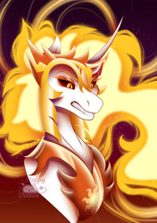 Size: 1280x1814 | Tagged: safe, artist:demonic-mako, imported from derpibooru, daybreaker, alicorn, pony, angry, black background, bust, colored pupils, curved horn, digital art, ethereal mane, fangs, female, fire, flowing mane, gem, helmet, horn, jewelry, lidded eyes, logo, mane of fire, mare, peytral, portrait, simple background, solo, sparkles, starry mane, stars, teeth, yellow eyes
