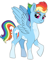 Size: 866x1077 | Tagged: safe, artist:anonymous, artist:possumtots, edit, editor:edits of hate, imported from twibooru, rainbow dash, pegasus, pony, alternate design, cloud coat pattern, eyebrows, female, image, looking at you, mare, more than an edit, pale belly, png, rainbow eyebrows, raised leg, simple background, smiling, socks (coat marking), solo, spread wings, transparent background, wings