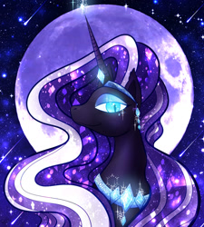 Size: 1280x1423 | Tagged: safe, artist:ryuko-rose, imported from derpibooru, nightmare rarity, pony, unicorn, blue eyes, bust, crown, digital art, ethereal mane, eyeshadow, female, flowing mane, gem, glow, glowing eyes, glowing horn, horn, jewelry, lidded eyes, long horn, looking at you, magic, makeup, mare, moon, night, peytral, portrait, purple mane, regalia, sky, smiling, smiling at you, solo, sparkles, starry mane, stars