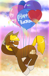 Size: 1920x3000 | Tagged: safe, alternate version, artist:2k.bugbytes, imported from ponybooru, oc, oc only, oc:acres, earth pony, pony, balloon, birthday, blushing, cloud, coat markings, cowboy hat, floating, grin, happy birthday, hat, male, raised leg, smiling, socks (coat marking), solo, stallion, stetson