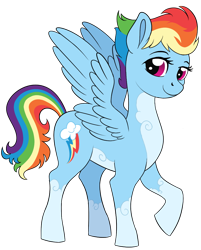 Size: 866x1077 | Tagged: safe, alternate version, artist:anonymous, artist:possumtots, edit, editor:edits of hate, imported from twibooru, rainbow dash, pegasus, pony, alternate design, cloud coat pattern, eyebrows, female, image, looking at you, mare, more than an edit, pale belly, png, raised leg, simple background, smiling, socks (coat marking), solo, spread wings, transparent background, wings