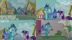 Size: 2000x1125 | Tagged: safe, edit, edited screencap, editor:quoterific, imported from derpibooru, screencap, derpy hooves, princess ember, twilight sparkle, alicorn, dragon, pegasus, pony, triple threat, dragoness, female, food, mare, muffin, twilight sparkle (alicorn), underp