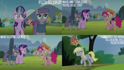 Size: 2000x1125 | Tagged: safe, edit, edited screencap, editor:quoterific, imported from derpibooru, screencap, derpy hooves, maud pie, pinkie pie, starlight glimmer, earth pony, pegasus, pony, unicorn, rock solid friendship, female, food, glowing, glowing horn, horn, magic, magic aura, mare, pizza
