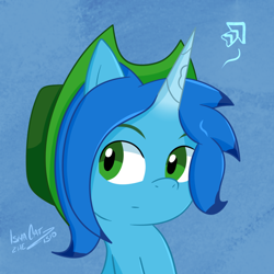 Size: 1024x1024 | Tagged: safe, artist:ismazhecat, imported from derpibooru, oc, oc only, oc:pumbi steps, pony, unicorn, arrow, blue, bust, hat, male, simple background, solo, stallion