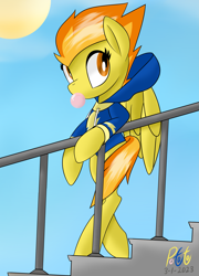 Size: 2275x3159 | Tagged: safe, artist:notadeliciouspotato, imported from derpibooru, spitfire, pegasus, pony, bipedal, bubblegum, clothes, cloud, female, food, gum, hoodie, mare, signature, sky, solo, stairs, sun, wonderbolts