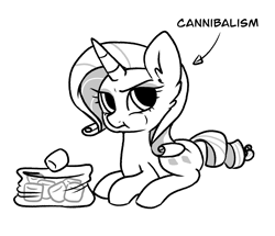 Size: 2153x1848 | Tagged: safe, artist:pinkdoesstuff, derpibooru exclusive, imported from derpibooru, rarity, pony, unicorn, annoyed, cannibalism joke, cheek bulge, cute, eating, female, food, funny, looking to the right, lying down, mare, marshmallow, monochrome, rarity is a marshmallow, simple background, solo, white background