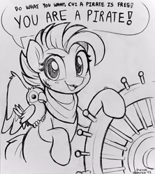 Size: 3101x3500 | Tagged: safe, artist:moozua, imported from derpibooru, oc, oc only, oc:duk, duck pony, parrot, pegasus, pony, cute, dialogue, female, helm, kerchief, lazytown, mare, pegasus oc, pirate, solo, spread wings, you are a pirate