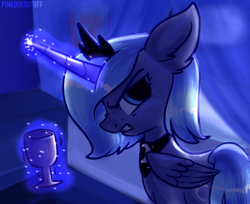 Size: 2508x2048 | Tagged: safe, artist:pinkdoesstuff, imported from derpibooru, princess luna, alicorn, pony, angry, argument, female, filly, goblet, implied princess celestia, looking back, magic, night, scowl, solo, story included, telekinesis, woona, young luna, younger