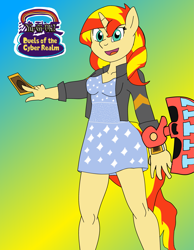 Size: 2545x3279 | Tagged: safe, imported from derpibooru, sunset shimmer, anthro, unicorn, breasts, clothes, dress, female, gradient background, jacket, solo, yu-gi-oh!