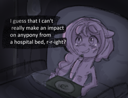 Size: 869x669 | Tagged: safe, anonymous artist, imported from derpibooru, sunny starscout, earth pony, pony, series:anorexic sunny, anorexia, bed, crying, emaciated, female, g5, hospital, hospital bed, mare, skinny, solo, starvation, tears of joy, thin