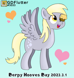 Size: 1156x1220 | Tagged: safe, artist:thread8, imported from derpibooru, derpy hooves, pegasus, pony, cross-eyed, cute, derpabetes, derpy day, female, food, gradient background, heart, mare, muffin, open mouth, open smile, smiling, solo, spread wings, that pony sure does love muffins, watermark, wings