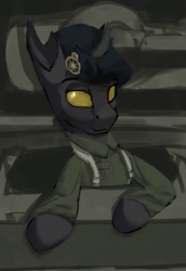 Size: 1108x1606 | Tagged: safe, artist:monx94, imported from derpibooru, oc, oc only, changeling, equestria at war mod, bust, changeling oc, clothes, cropped, military uniform, portrait, solo, uniform