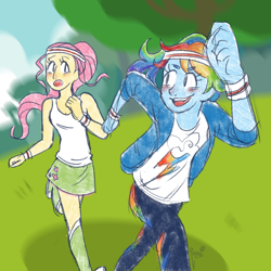 Size: 1280x1280 | Tagged: safe, artist:horraceman93, imported from derpibooru, fluttershy, rainbow dash, human, equestria girls, boots, clothes, duo, high heel boots, running, shirt, shoes, skirt, socks