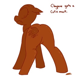 Size: 1200x1200 | Tagged: safe, artist:pony quarantine, imported from derpibooru, oc, oc only, oc:claypone, earth pony, object pony, original species, pony, butt, clay, featureless crotch, female, floppy ears, frown, handprint, looking back, mare, plot, ponified, simple background, text, white background