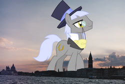 Size: 1895x1272 | Tagged: safe, artist:cloudy glow, edit, editor:jaredking779, imported from derpibooru, caesar, count caesar, earth pony, pony, background pony, giant pony, hat, highrise ponies, irl, italy, macro, male, monocle, photo, ponies in real life, smiling, solo, stallion, story included, top hat, venice