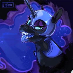 Size: 2099x2099 | Tagged: safe, artist:libido, imported from derpibooru, nightmare moon, alicorn, pony, blue tongue, bust, fangs, female, high res, looking at you, mare, open mouth, signature, solo, tongue out