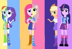 Size: 955x648 | Tagged: safe, artist:flyinpegasus, imported from derpibooru, applejack, fluttershy, pinkie pie, rainbow dash, rarity, twilight sparkle, human, equestria girls, magical mystery cure, anniversary art, belt, boots, clothes, clothes swap, cowboy boots, cowboy hat, equestria girls interpretation, hat, high heel boots, humane five, humane six, jacket, magical mystery cure tenth anniversary, pinkamena diane pie, scene interpretation, shirt, shoes, skirt, vest, what my cutie mark is telling me