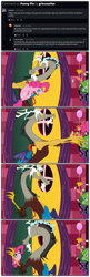 Size: 1449x4496 | Tagged: safe, artist:grievousfan, imported from derpibooru, discord, pinkie pie, draconequus, earth pony, pony, comic, discord's house, duo, female, high res, male, mare, meme, pinkie being pinkie, simpsons did it, throwing