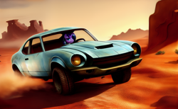 Size: 1664x1024 | Tagged: safe, generator:pony soup v2, imported from derpibooru, starlight glimmer, pony, unicorn, ai content, ai generated, car, desert, driving, female, generator:stable diffusion, mad max, mare, prompter:siber, solo
