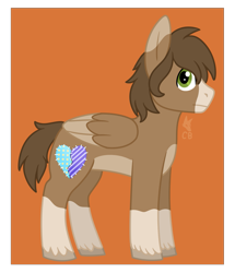 Size: 1509x1757 | Tagged: safe, artist:cackling-beast, imported from derpibooru, oc, oc only, oc:daydream, pegasus, pony, blaze (coat marking), brown coat, brown mane, coat markings, colored lineart, colored wings, facial markings, folded wings, green eyes, looking at you, male, orange background, short mane, short tail, simple background, socks (coat markings), solo, stallion, style emulation, tail, tan coat, trans male, transgender, transparent background, two toned wings, unshorn fetlocks, watermark, wings