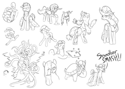 Size: 2800x2000 | Tagged: safe, artist:parallel black, imported from derpibooru, angel bunny, applejack, bon bon, lightning dust, mane-iac, marble pie, ocellus, princess celestia, queen chrysalis, sandbar, sweetie drops, yona, oc, oc:jc, changedling, changeling, changeling queen, original species, pony, timber pony, timber wolf, yak, beard, changedling queen, changeling slime, clothes, cloven hooves, dialogue, facial hair, fire, food, grin, hair over one eye, holding a pony, mask, older, request, requested art, running away, simple background, smiling, species swap, timber wolfified, timberjack, transformation, uniform, washouts uniform, white background, yak sandbar, yakified, yelling
