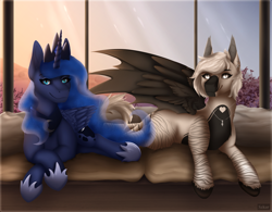Size: 2712x2115 | Tagged: safe, artist:szkar, imported from derpibooru, princess luna, oc, oc:devilvoice, alicorn, pony, couch, duo, female, looking at you, lying