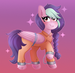 Size: 2422x2341 | Tagged: safe, artist:emera33, imported from derpibooru, oc, oc only, oc:galactic lights, pegasus, pony, bound wings, braid, braided ponytail, chained, chains, clothes, cuffed, cuffs, gradient background, jumpsuit, pegasus oc, ponytail, prison outfit, prisoner, shackles, solo, wings