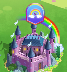 Size: 630x678 | Tagged: safe, idw, imported from derpibooru, castle, dream castle, flag, g1, gameloft, generation leap, my little pony: generations, my little pony: magic princess, no pony, rainbow, the anonymous campsite