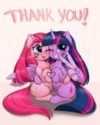 Size: 1200x1500 | Tagged: safe, artist:inkypuso, imported from derpibooru, pinkie pie, twilight sparkle, alicorn, earth pony, pony, alternate hairstyle, blushing, body writing, duo, female, grin, heart, hooves together, lesbian, looking at you, mare, milestone, one eye closed, pinkamena diane pie, shipping, smiling, smiling at you, thank you, twilight sparkle (alicorn), twinkie, wing hands, wings, wink, winking at you