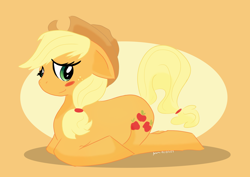 Size: 7016x4961 | Tagged: safe, artist:thegreeniekatmeanie, imported from derpibooru, applejack, earth pony, pony, absurd resolution, anatomically incorrect, blush sticker, blushing, lying down, orange background, prone, simple background, solo