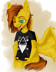 Size: 3159x4000 | Tagged: safe, imported from derpibooru, oc, oc only, oc:yuris, pegasus, pony, werewolf, clothes, female, folded wings, heterochromia, open mouth, paws, shirt, simple background, smiling, solo, t-shirt, trade, wings