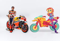 Size: 1916x1308 | Tagged: safe, artist:pacoo777yuyu, imported from derpibooru, sunset shimmer, human, equestria girls, boots, clothes, competition, duo, duo female, female, formula 1, gloves, irl, meme, motogp, motorcross, motorcycle, parody, photo, race swap, racing suit, realistic, rider, shoes, sunset