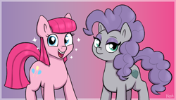 Size: 2132x1210 | Tagged: safe, artist:heretichesh, imported from derpibooru, maud pie, pinkie pie, earth pony, pony, alternate hairstyle, duo, female, hairstyle swap, happy, looking at you, mane swap, mare, maudie pie, open mouth, open smile, pinkamena diane pie, siblings, sisters, smiling, sparkles, stoic