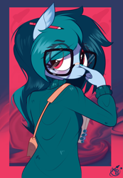 Size: 2173x3135 | Tagged: safe, artist:nevobaster, imported from derpibooru, oc, oc:delta vee, anthro, pegasus, abstract background, anthro oc, bag, clothes, eye clipping through hair, female, glasses, looking at you, looking back, messy mane, pencil, solo, sweater, turtleneck, wingless