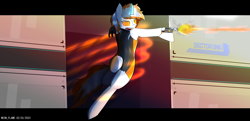 Size: 3840x1860 | Tagged: safe, artist:neon_flame, imported from derpibooru, oc, oc:neon flame, semi-anthro, unicorn, city, clothes, crossdressing, glowing, glowing eyes, glowing horn, gun, hallway, horn, implants, lipstick, neon, science fiction, solo, solo focus, synth, weapon