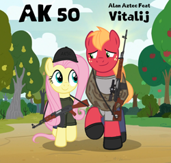 Size: 1000x952 | Tagged: safe, artist:edy_january, edit, imported from derpibooru, big macintosh, fluttershy, earth pony, pegasus, pony, ak-47, akm, alan aztec, album, album cover, apple, apple farm, apple tree, assault rifle, clothes, dragunov, duo, female, firing range, fluttermac, gun, hardbass, hat, link, link in description, long pants, male, military, music, pants, rifle, shipping, shirt, sniper, sniper rifle, soldier pony, song, straight, sweet apple acres, t-shirt, tree, walking, weapon, youtube link