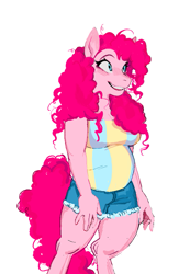 Size: 571x823 | Tagged: safe, artist:dethdaze, imported from derpibooru, pinkie pie, anthro, earth pony, chubby, clothes, hand, simple background, smiling, solo, standing, tail, white background