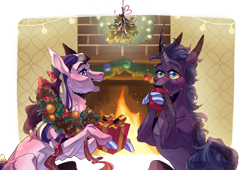 Size: 1920x1306 | Tagged: safe, imported from derpibooru, oc, oc only, oc:cedar cove, oc:pyre, earth pony, pony, unicorn, chest fluff, christmas wreath, cloven hooves, fire, fireplace, holly, holly mistaken for mistletoe, magical lesbian spawn, male, offspring, parent:clear sky, parent:rainbow dash, parent:rolling thunder, parent:twilight sparkle, parents:cleardash, parents:rollingtwi, present, stallion, string lights, wreath