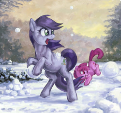 Size: 619x583 | Tagged: safe, artist:choedan-kal, imported from derpibooru, berry punch, berryshine, oc, oc:cork dork, earth pony, pony, biting, female, filly, foal, hoof hold, mare, open mouth, rearing, snow, snowball, snowball fight, snowfall, tail, tail bite, tree