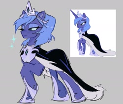 Size: 1616x1372 | Tagged: safe, artist:darkzombiez, artist:tales-fables, imported from derpibooru, princess luna, alicorn, pony, cape, clothes, crown, female, frown, jewelry, mare, missing horn, raised hoof, regalia, solo, standing