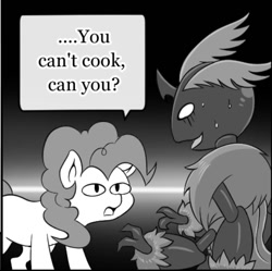 Size: 659x657 | Tagged: safe, artist:vavacung, edit, imported from derpibooru, pinkie pie, queen chrysalis, changeling, changeling queen, earth pony, pony, caption, comic, comic at source, cropped, d:, duo, female, image macro, looking at each other, looking at someone, missing cutie mark, open mouth, reaction, reaction image, text