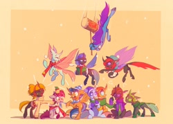 Size: 3000x2143 | Tagged: safe, artist:scribble-potato, imported from derpibooru, oc, oc only, oc:calor the changeling, oc:palpus, changedling, changeling, earth pony, pegasus, pony, unicorn, blue changeling, clothes, double colored changeling, earmuffs, green changeling, hammer, present, red changeling, scarf, shared clothing, shared scarf, snow, snowfall, striped scarf, yellow changeling