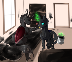 Size: 956x829 | Tagged: safe, artist:snowberry, imported from derpibooru, oc, oc only, oc:coxa, oc:mimesis, changeling, bed, bedroom, boop, changeling oc, duo, fangs, heart, magic, male, no source available, paint, pillow, red changeling, scar, sitting, smiling, tongue out, window