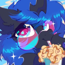 Size: 1600x1600 | Tagged: safe, artist:mirtash, imported from derpibooru, oc, oc only, oc:blue visions, changeling, pony, bust, drink, drinking, drinking staw, drinking straw, female, glasses, mare, milkshake, portrait, solo, starry eyes, wingding eyes
