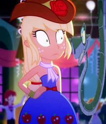 Size: 300x349 | Tagged: safe, artist:movieliker236, edit, edited screencap, imported from derpibooru, screencap, applejack, human, eqg summertime shorts, equestria girls, raise this roof, bare shoulders, clothes, dress, fall formal, fall formal outfits, female, hand on hip, hypnosis, hypnotized, kaa, pinpoint eyes, sleeveless, sleeveless dress, strapless