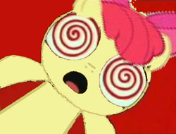 Size: 375x285 | Tagged: safe, artist:movieliker236, edit, edited screencap, imported from derpibooru, screencap, apple bloom, earth pony, pony, blossom (powerpuff girls), hypnosis, hypnotized, needs more jpeg, red background, simple background, solo, swirly eyes, the powerpuff girls