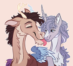 Size: 2000x1800 | Tagged: safe, artist:eeelt, imported from derpibooru, discord, star swirl the bearded, unicorn, chest fluff, duo, duo male, gay, licking, long neck, male, neck fluff, nuzzling, pink background, shipping, simple background, swirlcord, tongue out, younger