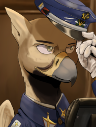 Size: 1560x2068 | Tagged: safe, artist:fly over, imported from derpibooru, oc, griffon, equestria at war mod, bust, cap, clothes, gloves, griffon oc, hat, portrait, uniform