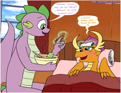 Size: 3300x2550 | Tagged: safe, artist:loreto-arts, imported from derpibooru, smolder, spike, dragon, bed, bowl, caring for the sick, dragoness, duo, female, food, gem, male, older, older spike, shipping, soup, spolder, straight, winged spike, wings